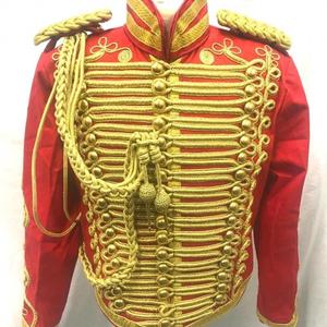 Chaqueta de húsar de lana roja hecha a mano, abrigo Steampunk con traje rojo verde oliva, uniforme ceremonial trenzado dorado hecho de algodón - Product Image 1