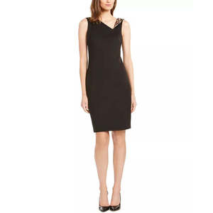 Abito da Cocktail Calvin Klein da Donna Sopra il Ginocchio, Scollo a V, Silhouette Aderente in Nero, Taglia 16, Realizzato in Tessuto Jersey - Product Image 1