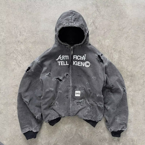 Streetwear élégant pour hommes recadrée surdimensionnée sweat à capuche zippé déchiré en détresse effiloché imprimé toile sweat à capuche de haute qualité - Product Image 4