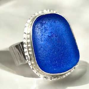 Cobalt Blue Sea Glass Ring Genuine Beach Glass Jewelry 925 Sterling Silver Rhodium Plated Handmade Ocean Inspired Unique for Her - Product Image 3