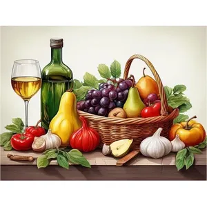 Murale de cuisine Panier à fruits Vin Nature morte sur marbre Céramique pour dosseret de cuisine - Product Image 1