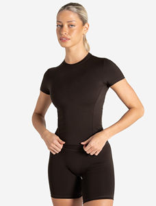 Vente chaude Espresso Femmes Gym T-shirt Extensible Pleine Longueur Manches Courtes Col Ras Du Cou Et Polyester Nouveau Casual Yoga Workout Tee - Product Image 5