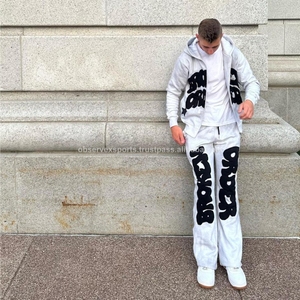 Parches bordados, chándal con cremallera, chándal de lavado ácido de algodón, pantalones de chándal acampanados de carga y conjuntos de Sudadera con capucha - Product Image 1