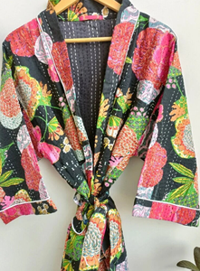 Kimono en coton matelassé Kantha fait à la main manteau de luxe Style indien imprimé de fruits vêtements de nuit thermiques Robe à cordon pour l'été gratuit - Product Image 5