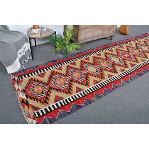 Alfombra turca Vintage, diseño de retazos, naranja, rojo, 3,3x11,5 pies, Material de lana, tejido plano, respaldo de látex para decoraciones de sala de estar - Product Image 1