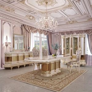 European Style Hand Carved Marble Top <b>Gold</b> Trim Antique Design 6 Piece Solid Back Dining Room Set for Hotel Use - Product Image 1
