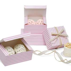 Easy Set-Up Pastry <b>Boxes</b> Pink White Stripes Recycled Cardboard Glossy Lamination Embossing for <b>Snacking</b> Food Featuring Recycled - Product Image 1