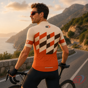 Maillot de cyclisme personnalisé à manches courtes et fermeture éclair intégrale, séchage rapide, pour vélo de route, motif quadrillé Tangerine Sand Espresso - Product Image 6