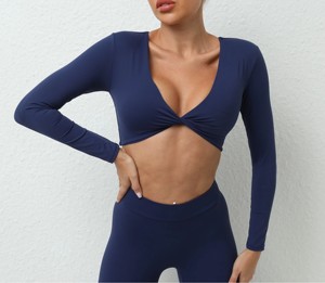 Women Long Sleeve Gym Crop Top Twist Deep V Yoga Shirt Quick Dry <b>Padded</b> Fitness Sports T Shirt - Product Image 6