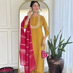 Vichitra Silk Embroidery Sequence Work Kurta Set Fashionable Top & Bottom with Dupatta <b>Indian</b> & <b>Pakistani</b> <b>Clothing</b> - Product Image 1