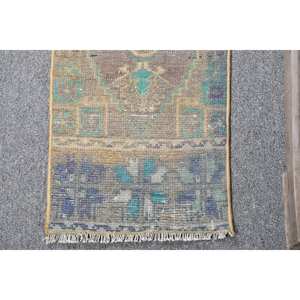 Tapis turc vintage de 1x3,3 pieds, tissage plat en laine vert et bleu, motif patchwork de salon, support en latex pour décorations - Product Image 3