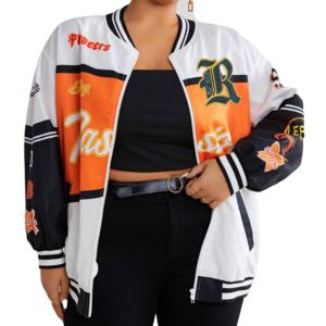 Chaqueta transpirable de color francés Terry con contraste personalizada, chaqueta de béisbol para mujer, chaquetas con letras de alta calidad - Product Image 1