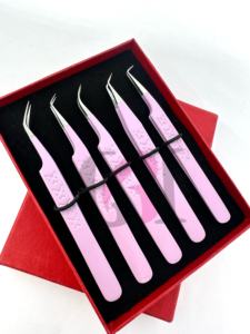 Pinzas Profesionales de Acero Inoxidable para Extensión de Pestañas, Diferentes Estilos, Recubrimiento en Polvo Color Morado Claro, Diseño de Mariposa, Punta Plateada - Product Image 5