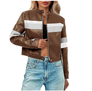Chaquetas de Motociclista Cortas para Mujer, Chaqueta Bomber de Cuero Sintético, Bloques de Color, Estilo Vintage de Carreras - Product Image 5