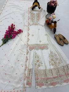 New Fancy Designer <b>Wedding</b> Diwali Party <b>Top</b> Sharara & Dupatta Set in Chinon Silk Wrinkle Free - Product Image 6