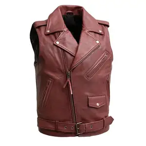Sleeveless Vintage Leather Vest Custom Color Brown Top Quality Custom Logo Motorbike Leather Vest For Men