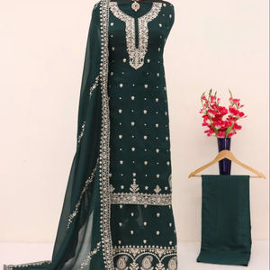 Winter Opulence Semi Chinon Silk Shalwar Kameez Set 3mm Secuencia Multi-Jari Trabajo Ropa India pakistaní para festivo - Product Image 1