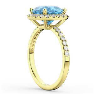 Anillo de Compromiso de Oro Amarillo de 14K con Corte Cojín y Halo, Topacio Azul de 3.11ct, Estilo Vintage, Patrón Geométrico, Engaste de Rodio - Product Image 3