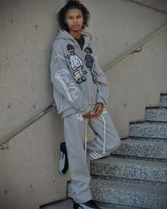 Haute Qualité Surdimensionné Goutte Épaule Sweats Logo Personnalisé Recadrée Boxy Hoodies Graphique Patchwork Broderie Zip Up À Capuche Hommes - Product Image 4