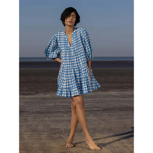 Robe midi vintage bleue à pois sans bretelles, tissée, avec ourlet à volants et boutons, coupe ample pour la plage - Product Image 5