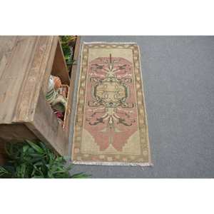 Alfombra de lana turca Vintage de 1,7x3,6 pies, diseño de retazos beige y rojo, tejido plano, respaldo de látex, respetuoso con el medio ambiente, comedor de pila media - Product Image 3