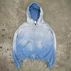 Sudadera con capucha OEM para hombre, estilo urbano, 500 g/m², de gran tamaño, rosa, con lavado ácido, vintage, rasgada, con agujeros y cremallera. - Product Image 2