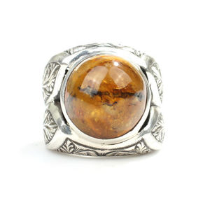 925 Sterling Silver Men's <b>Ring</b> with Round <b>Turquoise</b> Amber Stone Bezel Setting Rhodium Plating Fine Jewelry for Everyday Wear - Product Image 4