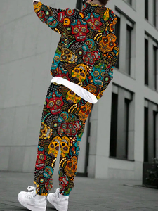 Ensemble de survêtement pour homme grande taille, à capuche, avec imprimé numérique Têtes de mort stylées, séchage rapide, confortable, vêtements de sport - Product Image 3