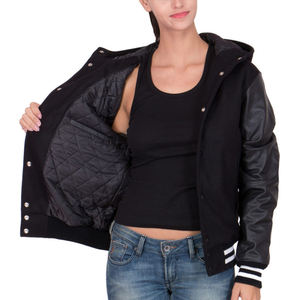 Chaqueta Urbana de Moda para Mujer, Estilo Universitario con Capucha Negra, Mangas Estilo Cuero, Forro Acolchado, Ribete a Rayas - Product Image 4