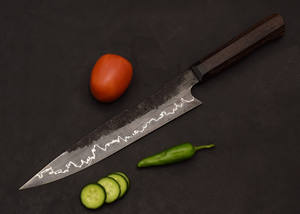 Cuchillo Bowie OEM personalizable de alta calidad al por mayor con hoja de mosaico de Damasco mamut hielo y dientes blancos mango de madera para caza - Product Image 3