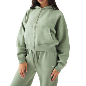 Ensemble deux pièces pour femmes, sweat-shirt à capuche court à fermeture éclair et pantalon de survêtement droit ample en molleton de coton, pour la fabrication de marques privées - Product Image 1