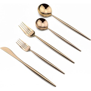 Service de couverts dorés 5 pièces de couverts élégants en acier inoxydable avec longues poignées coniques pour la maison, les repas et les fêtes de mariage - Product Image 1