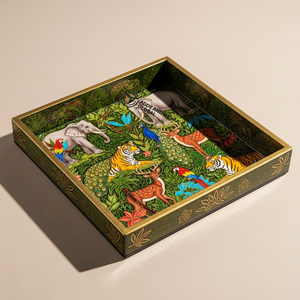 Bandeja Decorativa de Madera Meena Cuadrada Grabada con Arte de la Selva, Ecológica, Biodegradable, Verde, para Servir, Personalizable, Pedido al por Mayor - Product Image 1