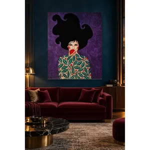 Fille Fida tenant une grenade avec un motif de feuilles sur fond violet, impression sur toile - Product Image 4