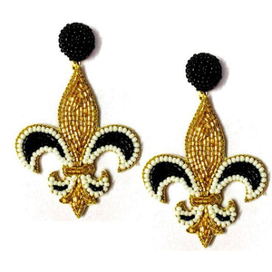 Pendientes Colgantes de Cuentas de Semilla Negras y Doradas con Diseño de Flor de Lis, Pendientes Bordados con Cuentas de Semilla, Pendientes de Cuentas de Semilla para el Mardi Gras - Product Image 1