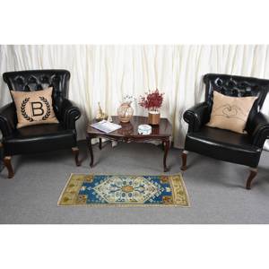 Alfombra de lana de retazos azul y amarillo tradicional hecha a mano, alfombra turca hecha a mano de 1,6x3,8 pies para sala de estar, pasillo rectangular, cabecera de látex - Product Image 3
