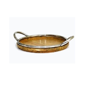 Luxurious Design <b>Round</b> Shape Wooden <b>Tray</b> With Metal Shiny Handles Walnut Finishing Food <b>Serving</b> <b>Tray</b> - Product Image 1