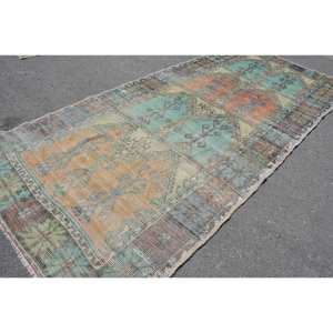 Vintage Turkish Rug 5.4 X 12.5ft Green Orange Patchwork Design Handmade Wool Latex <b>Large</b> Rectangle for Entryway Hallway <b>Plush</b> - Product Image 2