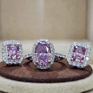 Ensemble de bijoux de fiançailles pour femmes, bague et boucles d'oreilles en argent sterling 925, diamant moissanite original glacé rose VVSD - Product Image 1