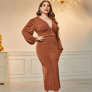 Vestido Elegante Informal de Algodón para Mujer Talla Grande, Color Marrón, Cuello en V Profundo, Silueta Ajustada, Maxi, Estampado Floral Natural, Talla XL - Product Image 1