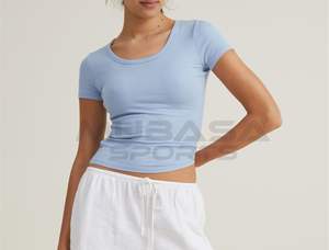 Customized Women's Quick Dry Cotton T-Shirt O-Neck with <b>Staple</b> Rib Mid Scoop Short Sleeve Top with Logo Printed - Product Image 4