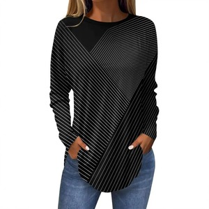 Camiseta de Mujer 100% Algodón, Estampado Geométrico Irregular en 3D, Manga Larga, Cuello Redondo, Tops Cortos, Jersey para Vacaciones - Product Image 4