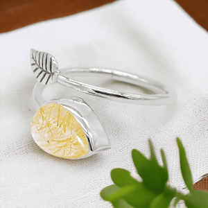 925 argent Sterling bande réglable Dainty poire Cabochon Original doré rutile pierre précieuse feuille Style bague de mariage en gros - Product Image 3