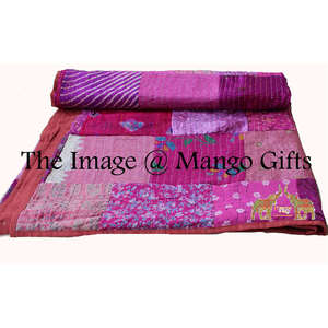 Couvre-lit traditionnel indien en soie Kantha, motif floral, patchwork, couvre-lit en microfibre, édredon King size, lot de 5 pièces en gros - Product Image 3