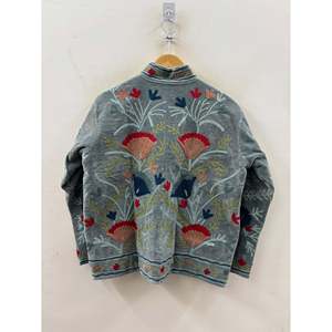 Buzkashi Garden Quilted Reversible Suzani Hand-Embroidered Velvet Bomber <b>Jacket</b> XL Slate Blue-Sustainable Varsity for Autumn - Product Image 3