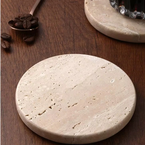 Natural Round Travertine Stone Coaster Heat Resistant Durable Minimalist Design Protects <b>Coffee</b> Dining and Office Tables - Product Image 4