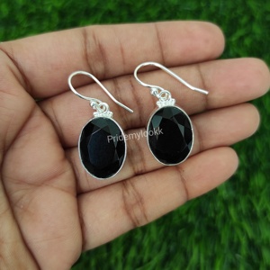 925 Sterling Silver <b>Earrings</b> for Women <b>Black</b> Onyx Faceted Cut Gemstone <b>Dangles</b> Pearl Gold Plating for Parties Gifts Factory - Product Image 1