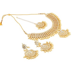 Indian Classic Choker Set Traditional Crystal Kundan Faux Pearl Bridal Engagement Party Necklace Earrings Alloy for Women White - Product Image 1