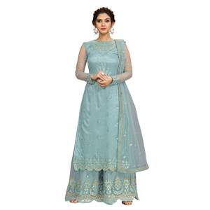 Trendmalls Ensemble de costume Salwar brodé en filet ethnique pour femme Kurta Sharara avec Dupatta pour mariage (G76-SkyBlue) - Product Image 1