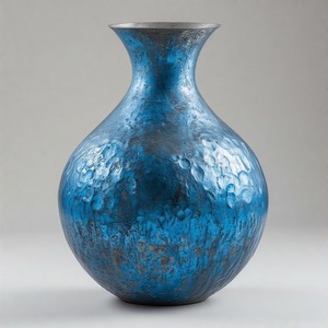 Vase bleu royal azur vintage avec émail fissuré Vase de sol en métal émaillé Design floral en relief Décoration d'intérieur Déclaration d'accent - Product Image 3